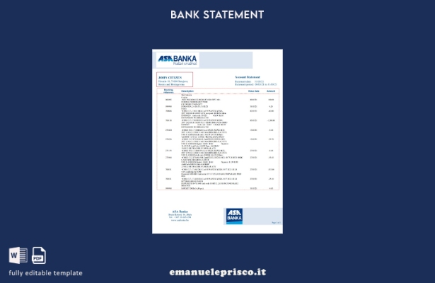 modello di estratto conto bancario ASA Banka Bosnia ed Erzegovina in stile verif